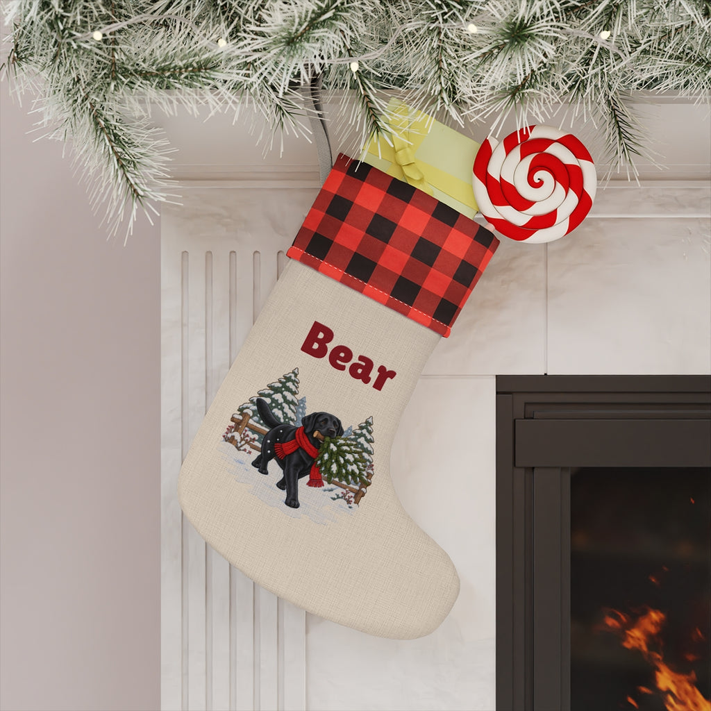 The personalized stocking hanging on a mantel