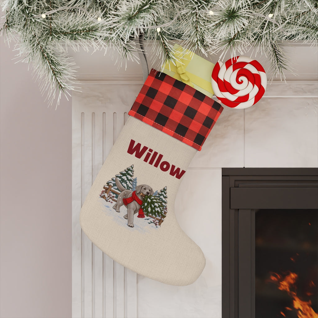 The personalized stocking hanging on a mantel