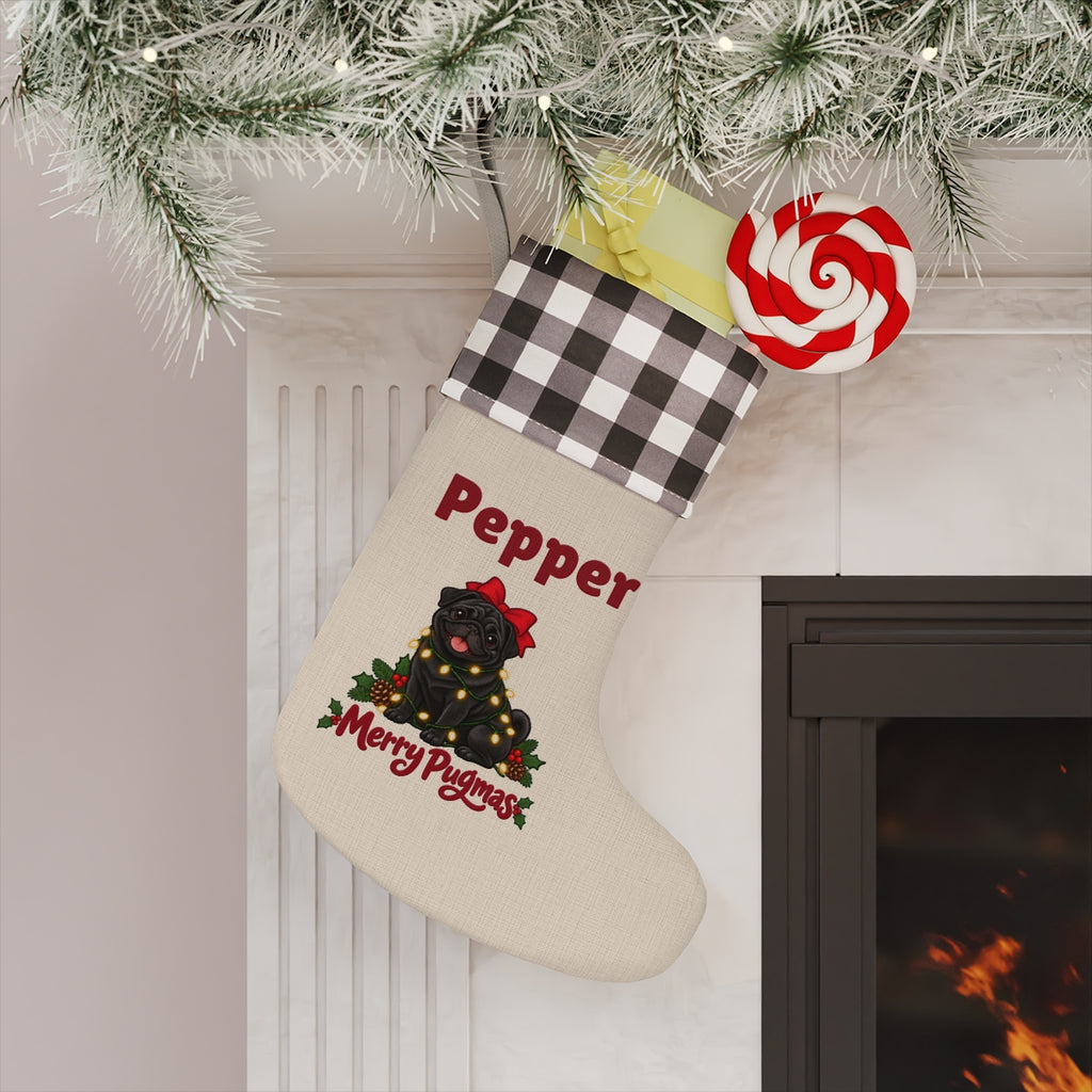 The white-cuff stocking hanging on a mantel