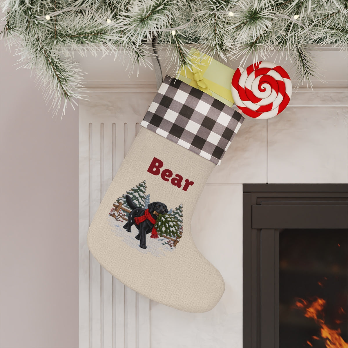 The white-cuff stocking hanging on a mantel