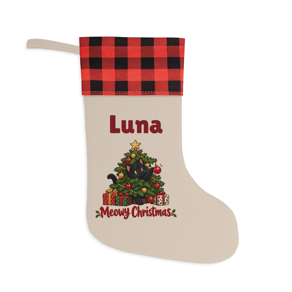 Personalized Black Cat Christmas Stocking with a red and black buffalo plaid cuff, personalized with the sample name Luna