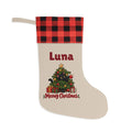 Personalized Black Cat Christmas Stocking with a red and black buffalo plaid cuff, personalized with the sample name Luna