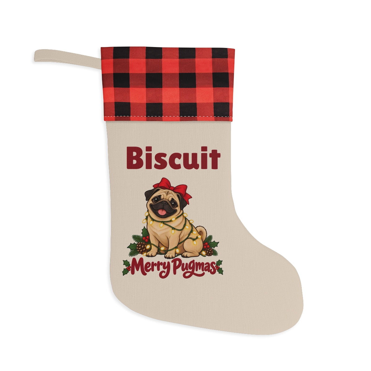 Personalized Pug Christmas Stocking with a red and black buffalo plaid cuff, personalized with the sample name Biscuit