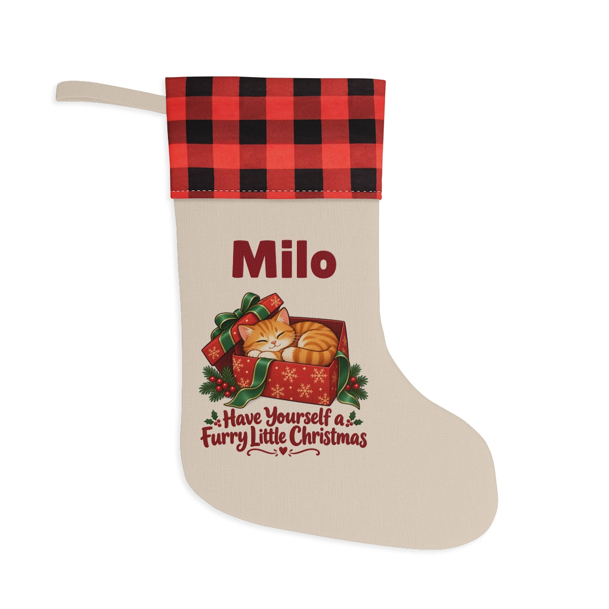 Personalized Orange Cat Christmas Stocking with a red and black buffalo plaid cuff, personalized with the sample name Milo