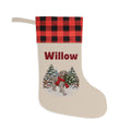 Personalized Silver Lab Christmas Stocking with a red and black buffalo plaid cuff, personalized with the sample name Willow