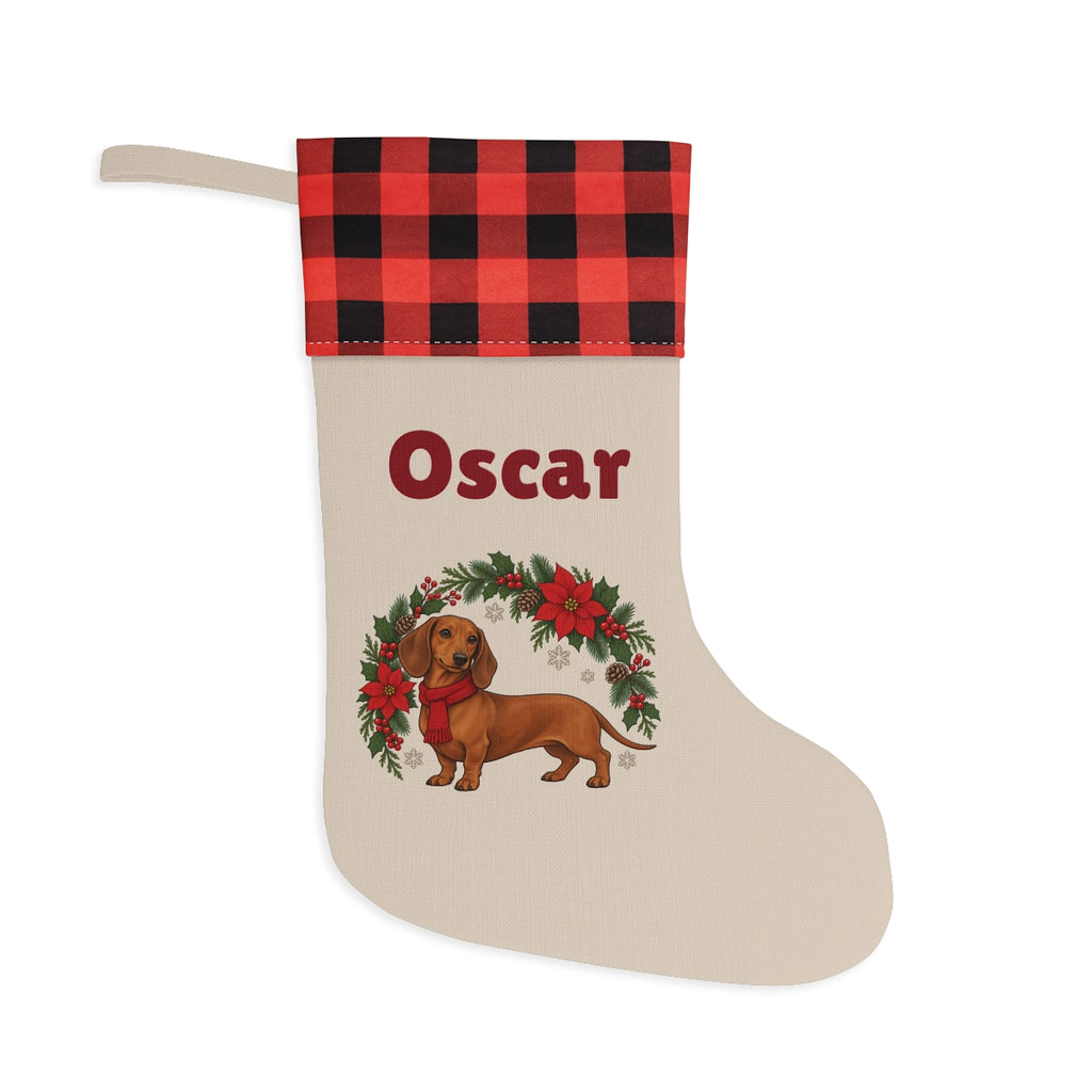 Personalized Dachshund Christmas Stocking with a red and black buffalo plaid cuff, personalized with the sample name Oscar