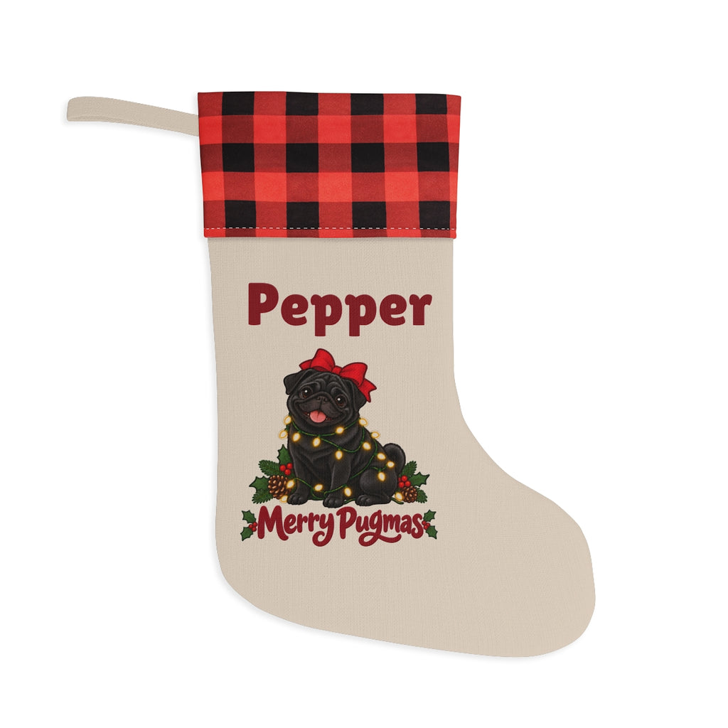 Personalized Black Pug Christmas Stocking with a red and black buffalo plaid cuff, personalized with the sample name Pepper