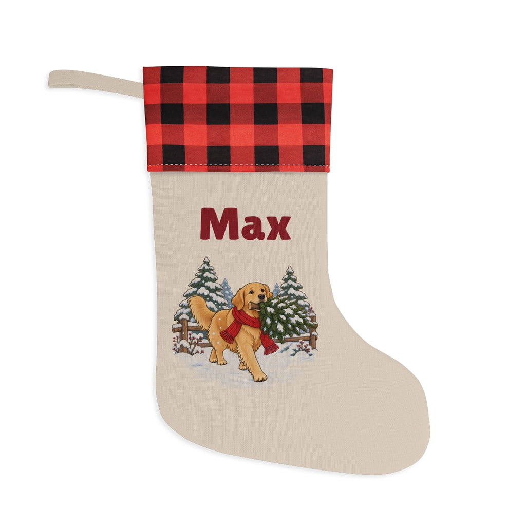Personalized Golden Retriever Christmas Stocking with a red and black buffalo plaid cuff, personalized with the sample name Max
