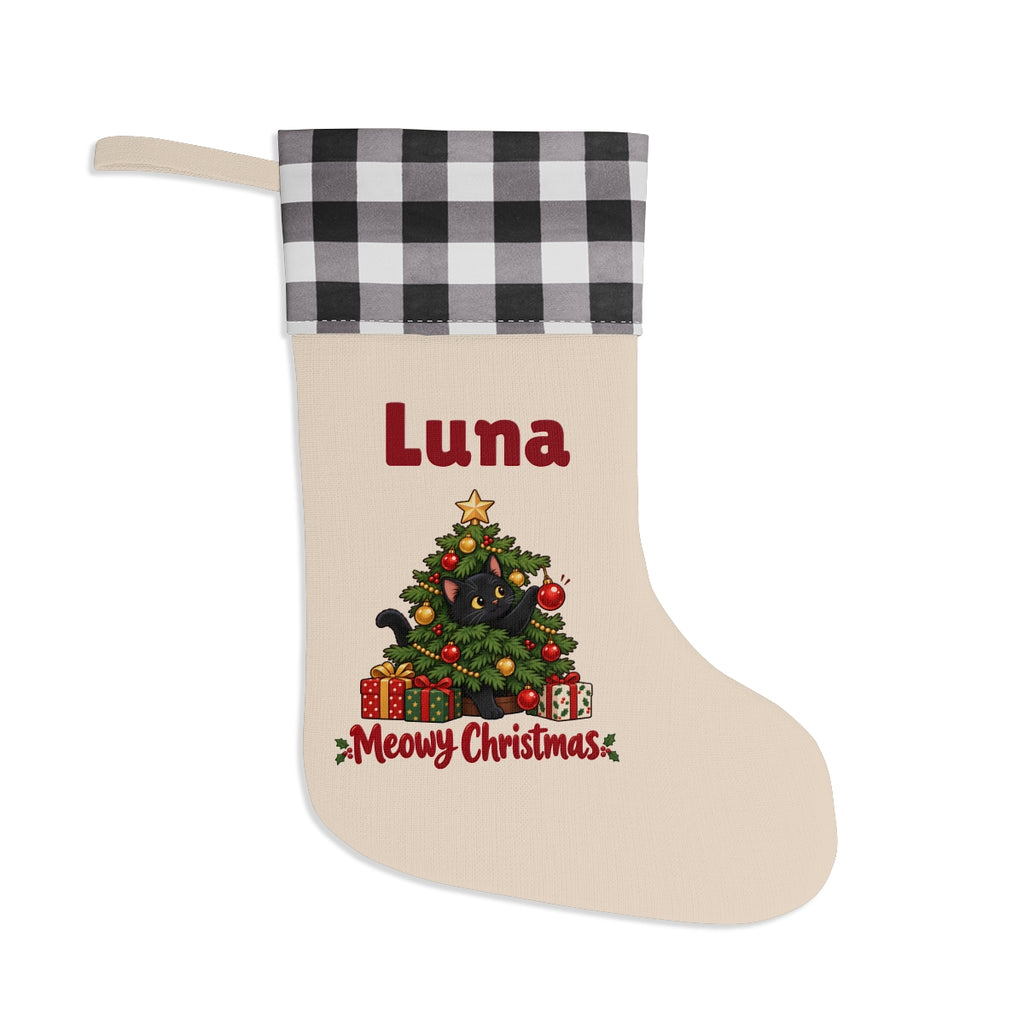 The same stocking with a white and black buffalo plaid cuff