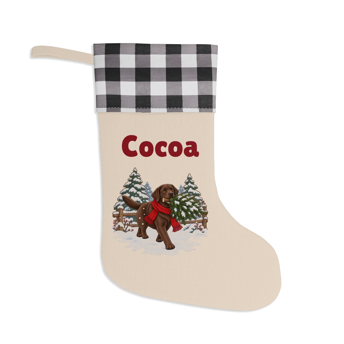 The same stocking with a white and black buffalo plaid cuff