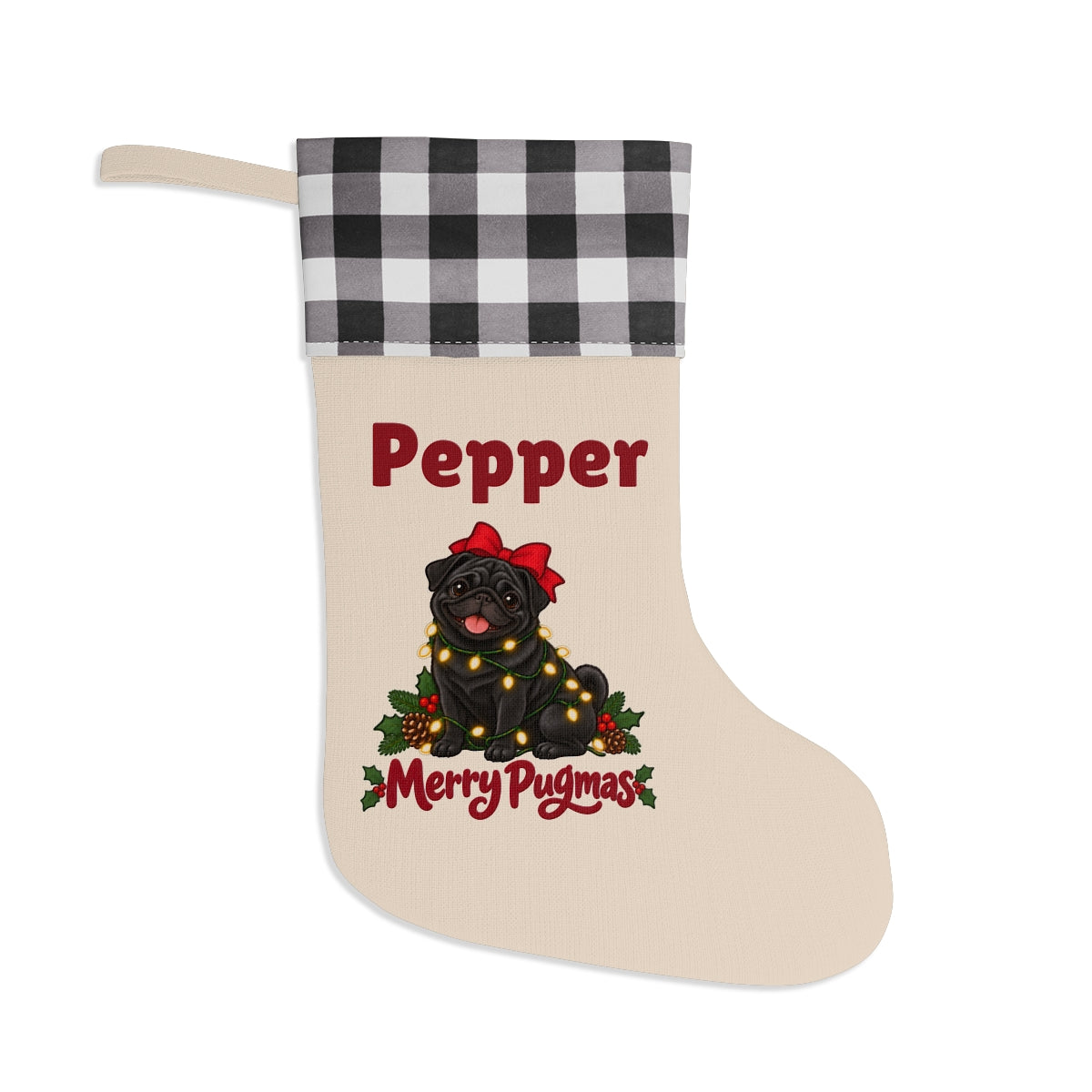 The same stocking with a white and black buffalo plaid cuff