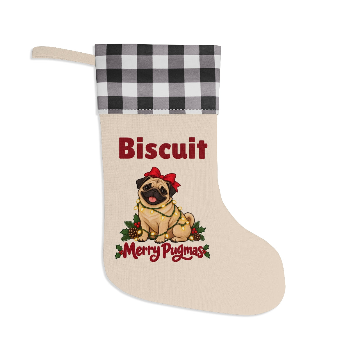 The same stocking with a white and black buffalo plaid cuff