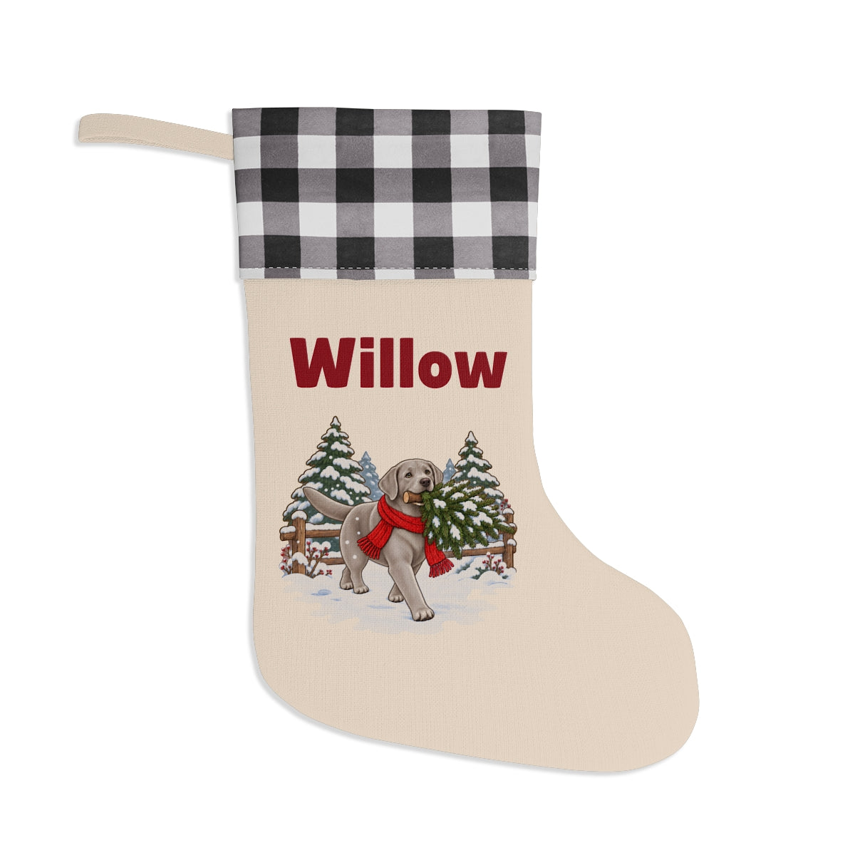 The same stocking with a white and black buffalo plaid cuff