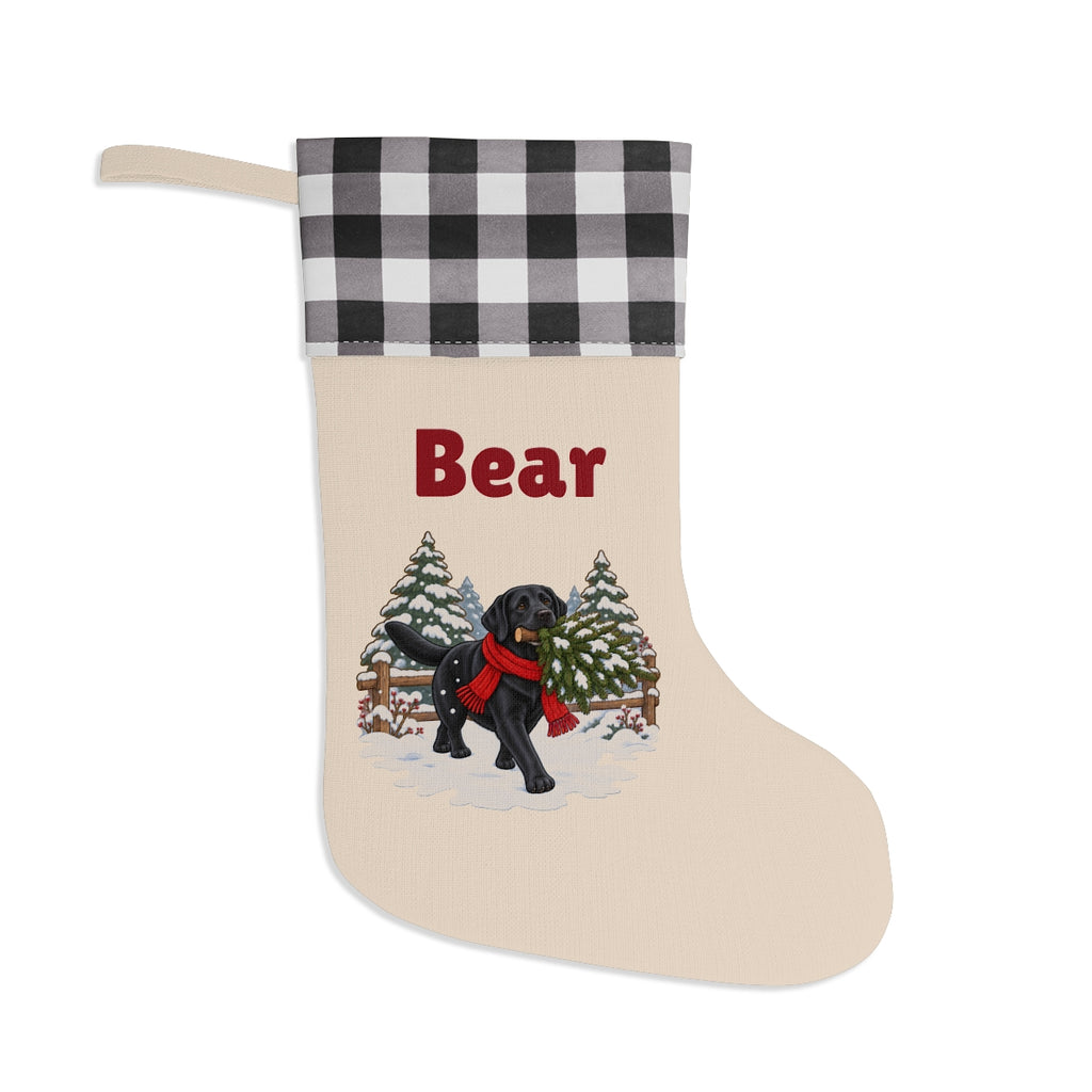 The same stocking with a white and black buffalo plaid cuff