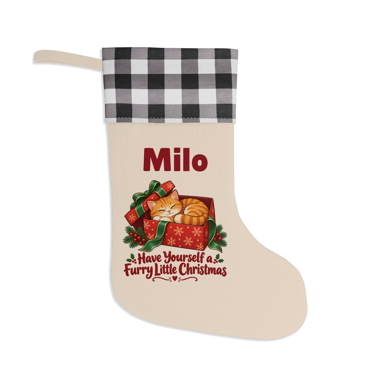 The same stocking with a white and black buffalo plaid cuff
