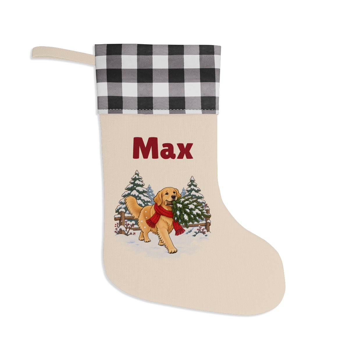 The same stocking with a white and black buffalo plaid cuff