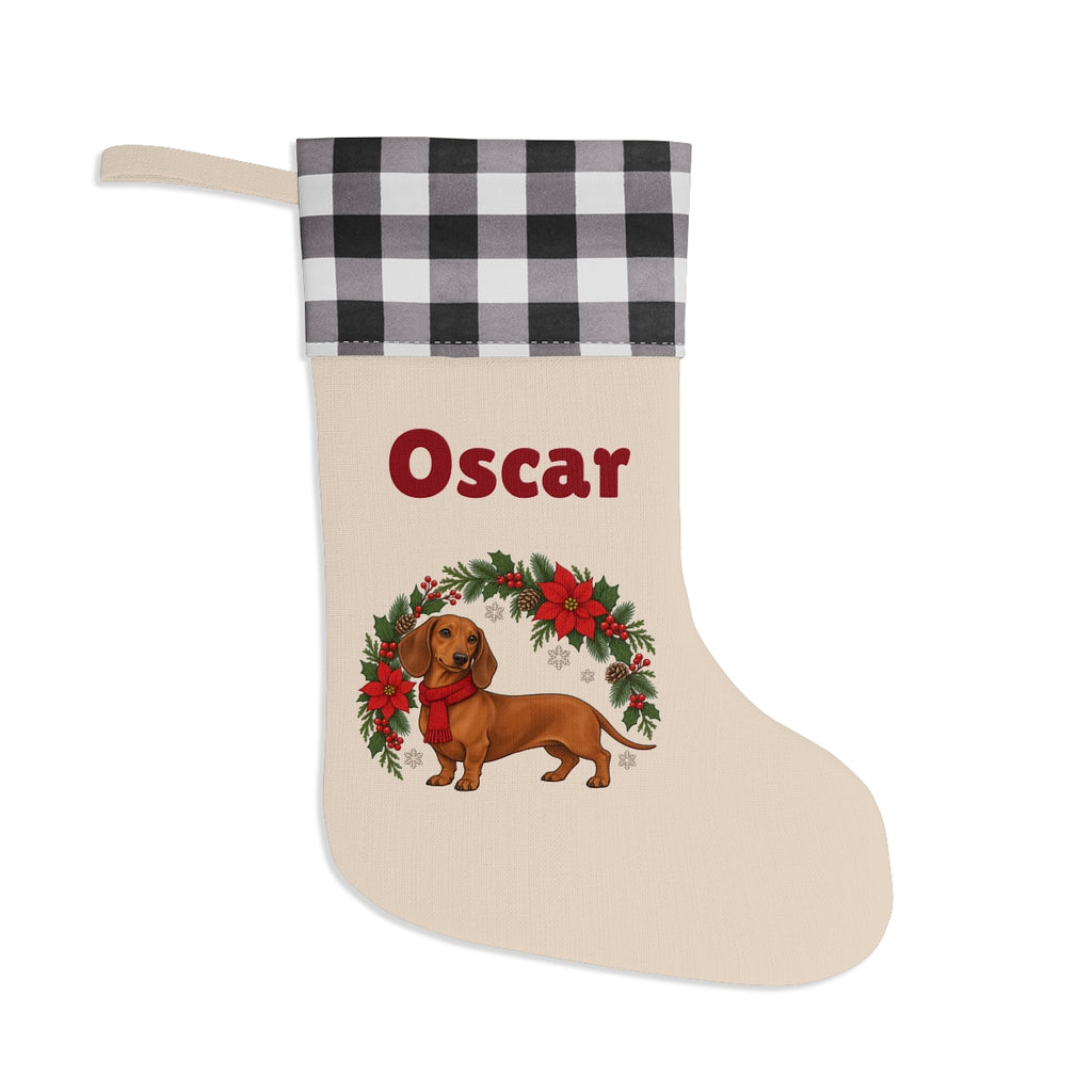 The same stocking with a white and black buffalo plaid cuff