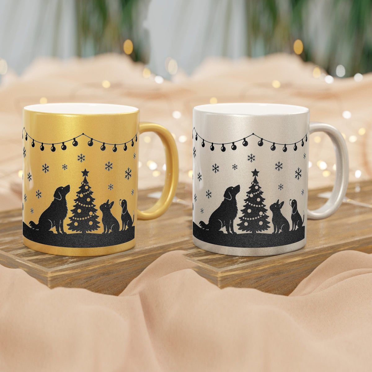 Christmas Dogs Mug in Gold or Silver, gold and silver