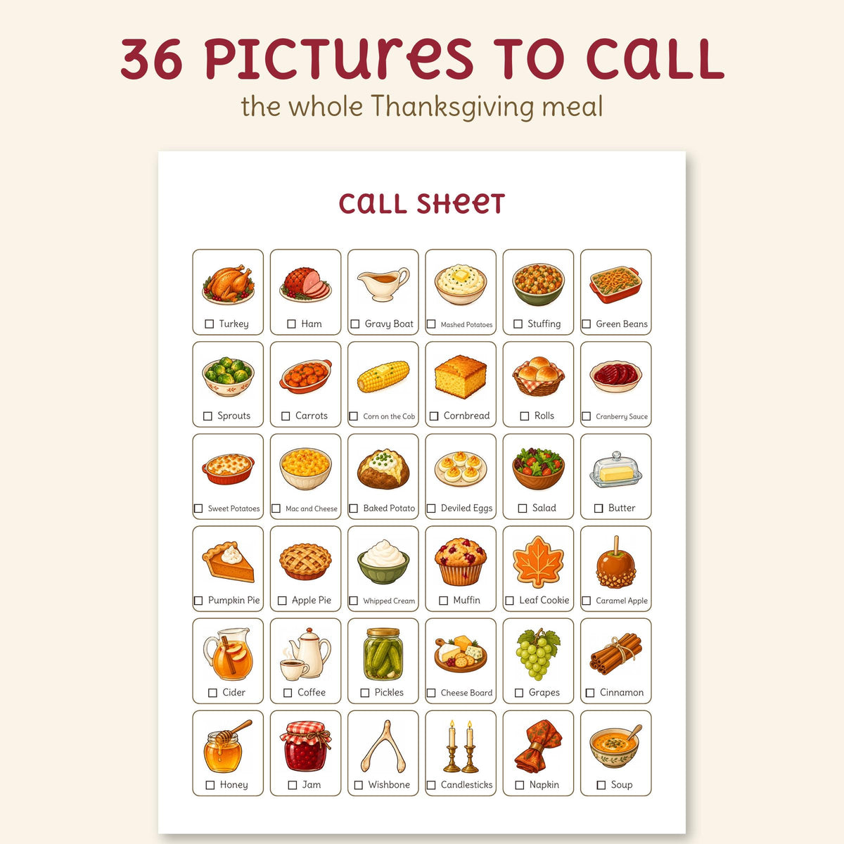 The call sheet with all 36 pictures, the Thanksgiving meal and desserts, each with its name and a box to check off.