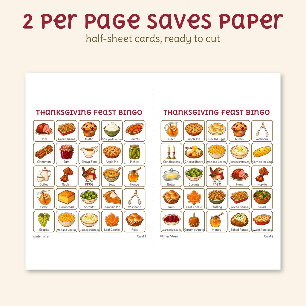 The two-per-page file: two half-sheet bingo cards on one landscape page, with a cut line.