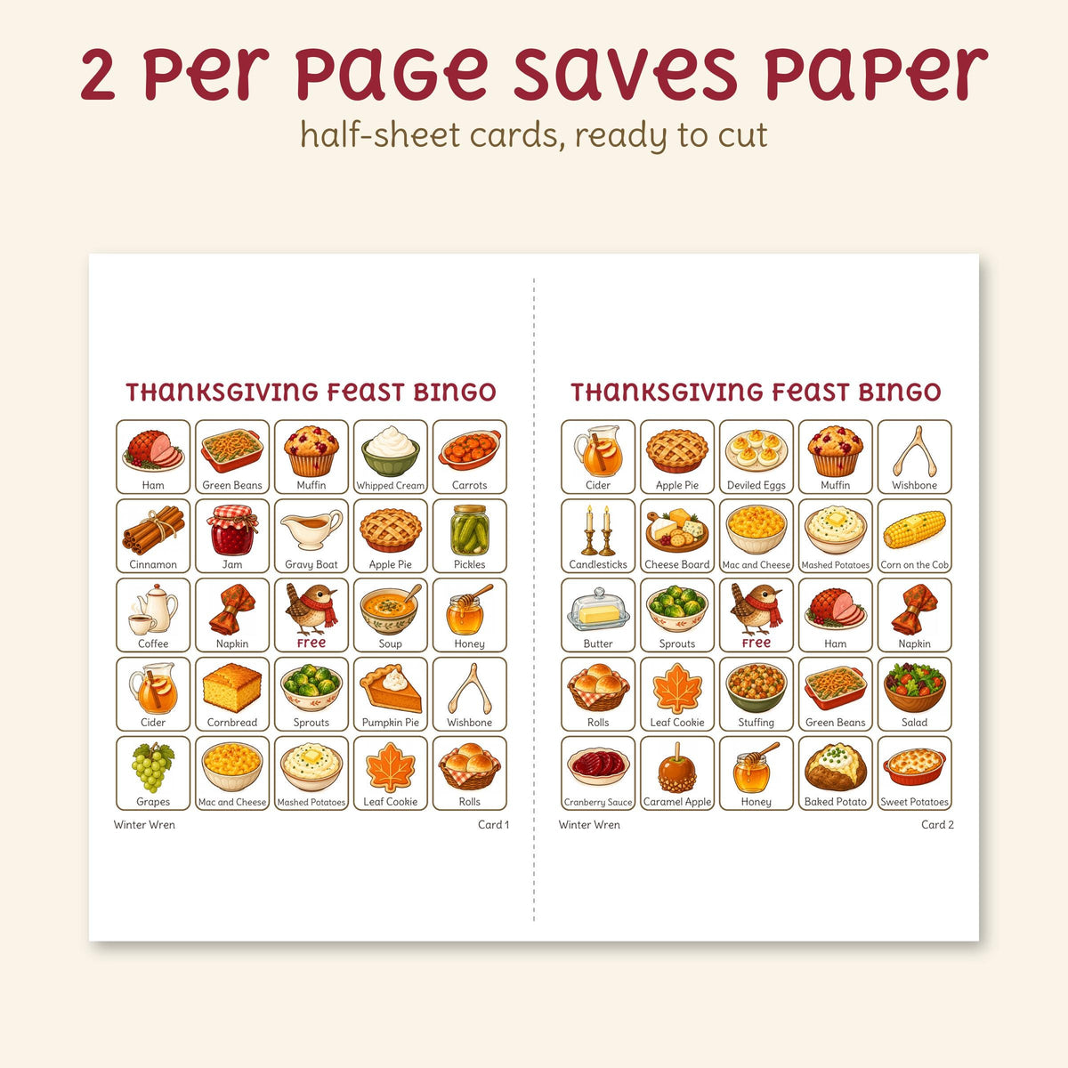 The two-per-page file: two half-sheet bingo cards on one landscape page, with a cut line.