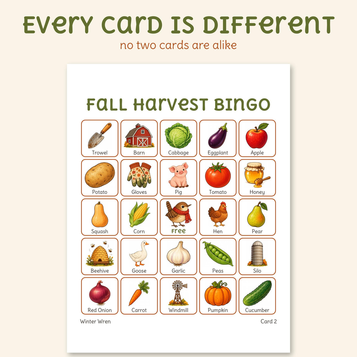 An actual Fall Harvest bingo card from the PDF: a 5 by 5 grid of named farm and harvest pictures with a free square in the middle.