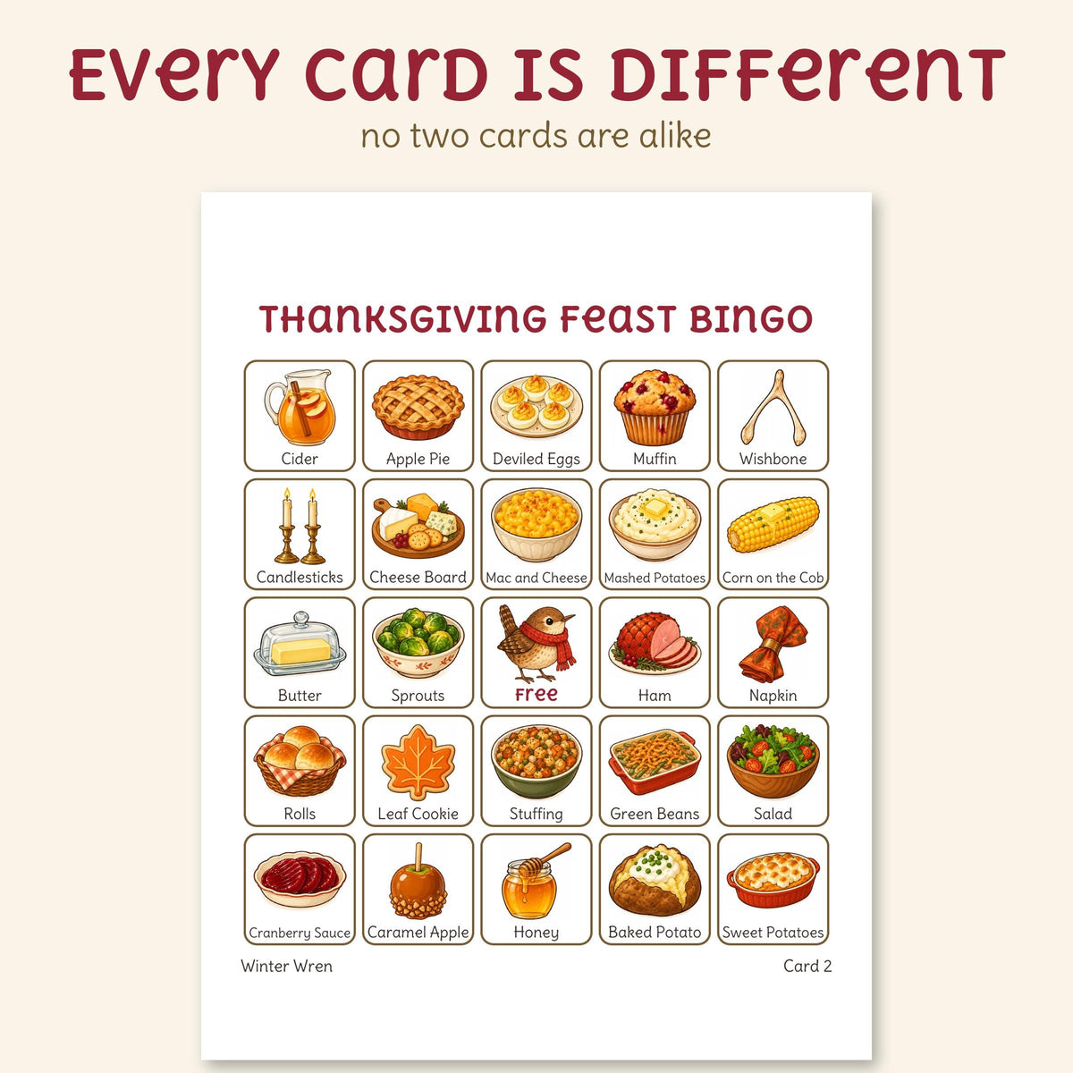 An actual Thanksgiving Feast bingo card from the PDF: a 5 by 5 grid of named Thanksgiving foods with a free square in the middle.