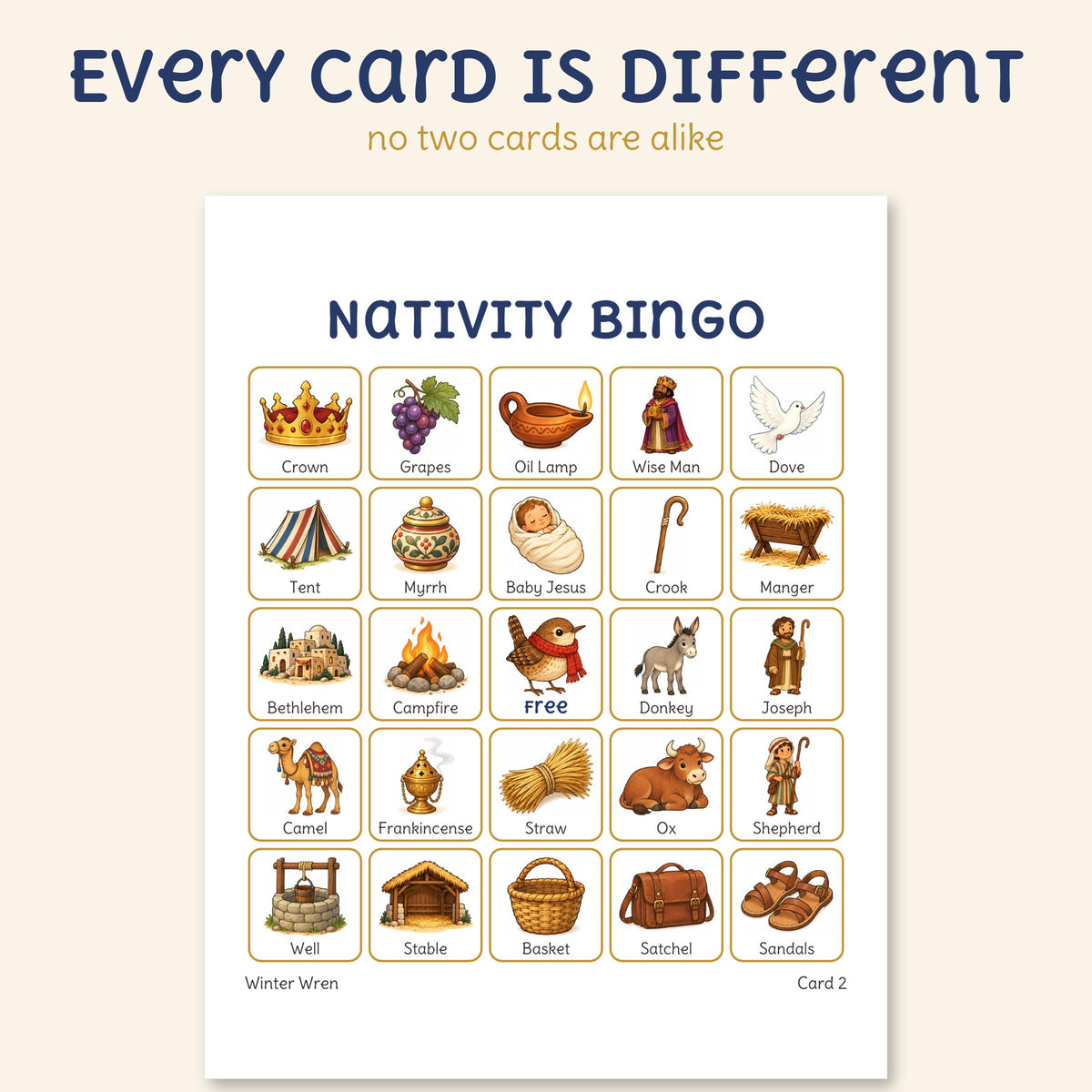 An actual Nativity bingo card from the PDF: a 5 by 5 grid of named Christmas story pictures with a free square in the middle.