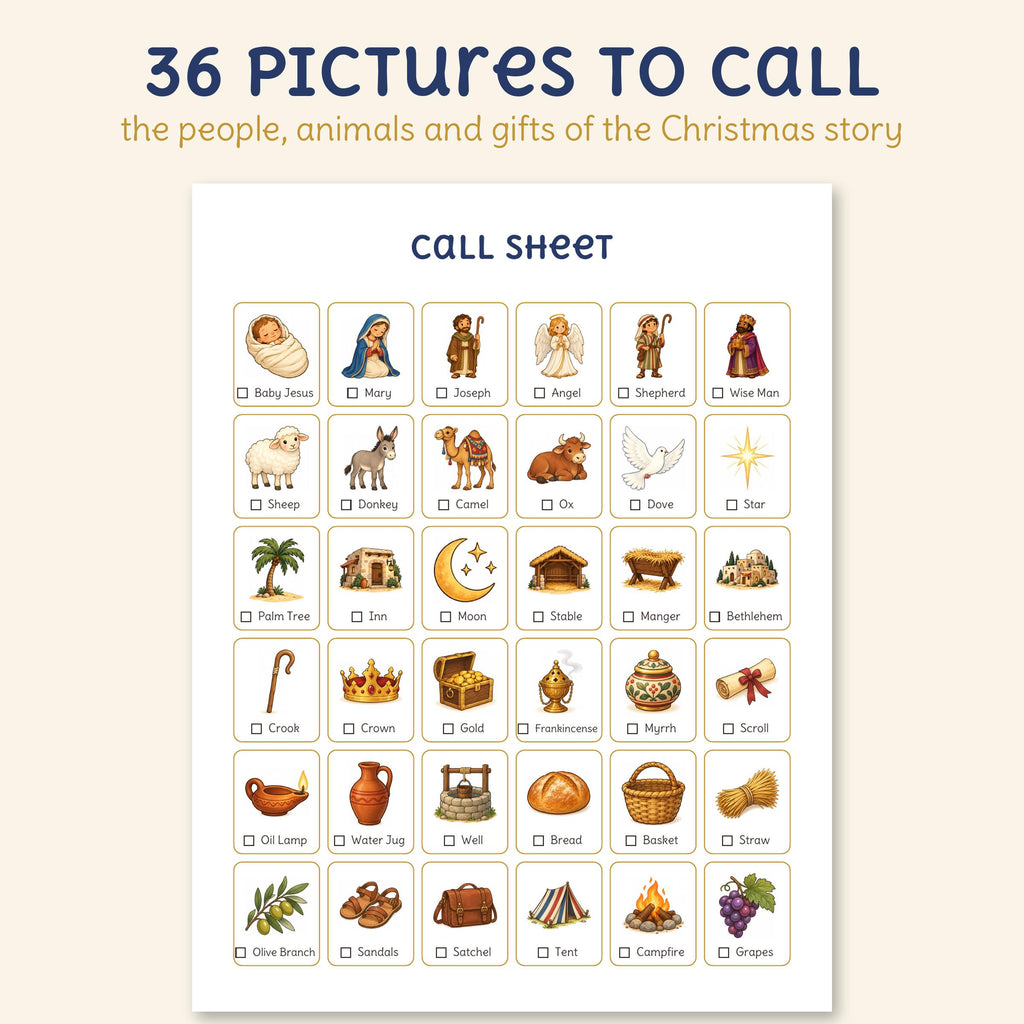 The call sheet with all 36 pictures, the people, animals and gifts of the Christmas story, each with its name and a box to check off.