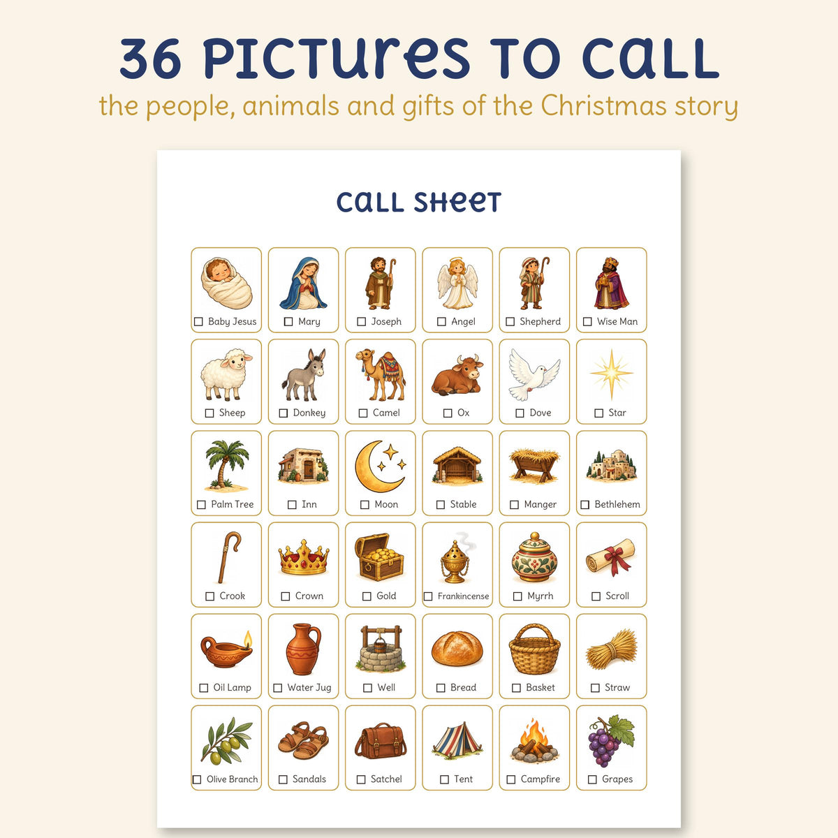 The call sheet with all 36 pictures, the people, animals and gifts of the Christmas story, each with its name and a box to check off.