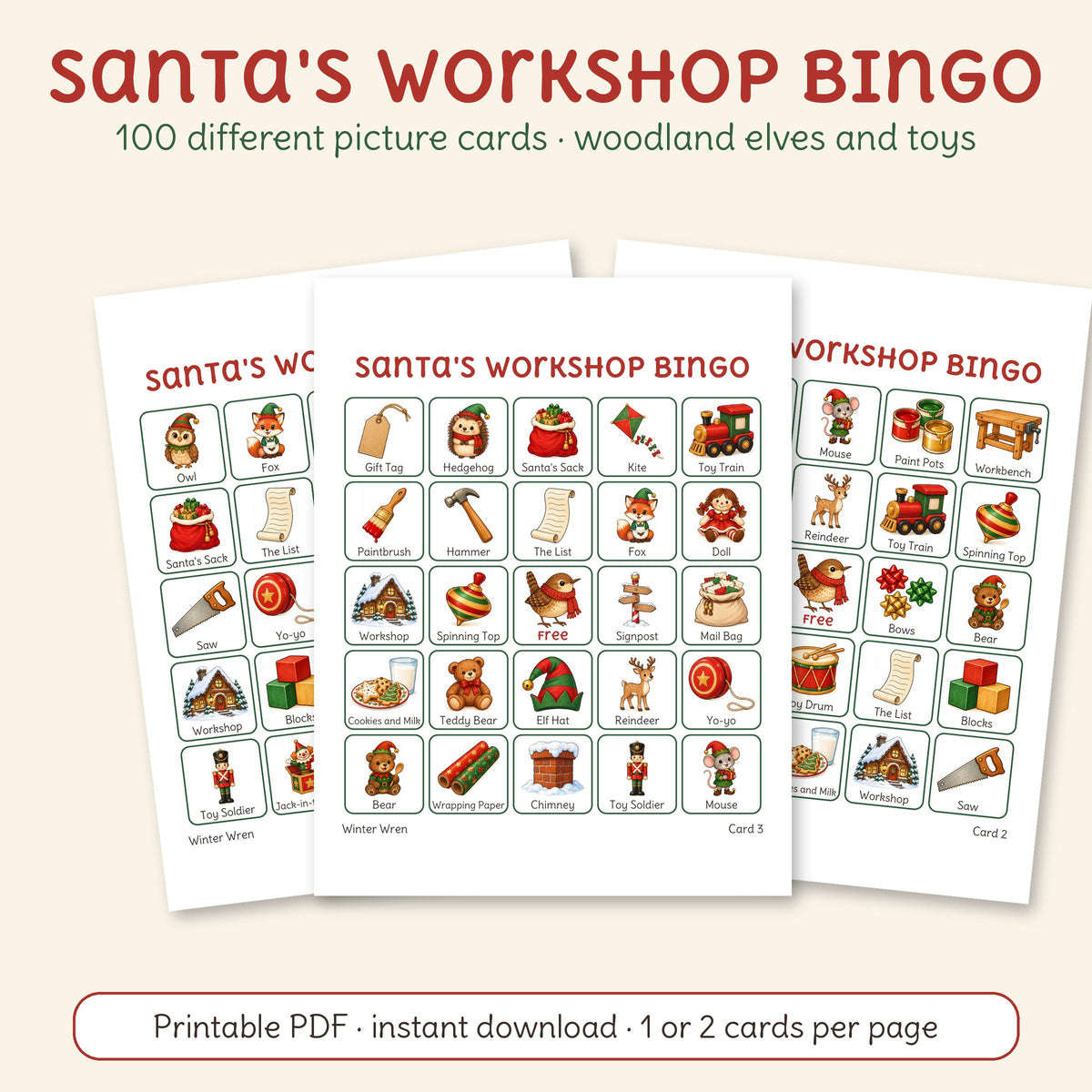 Three printable Santa's Workshop bingo cards with woodland animal elves, toys and North Pole pictures, by Winter Wren. Digital download; nothing is shipped.