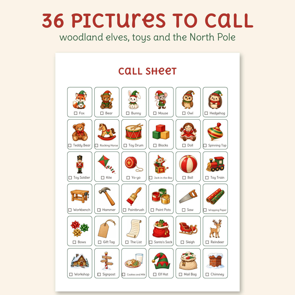 The call sheet with all 36 pictures, woodland elves, toys and the North Pole, each with its name and a box to check off.