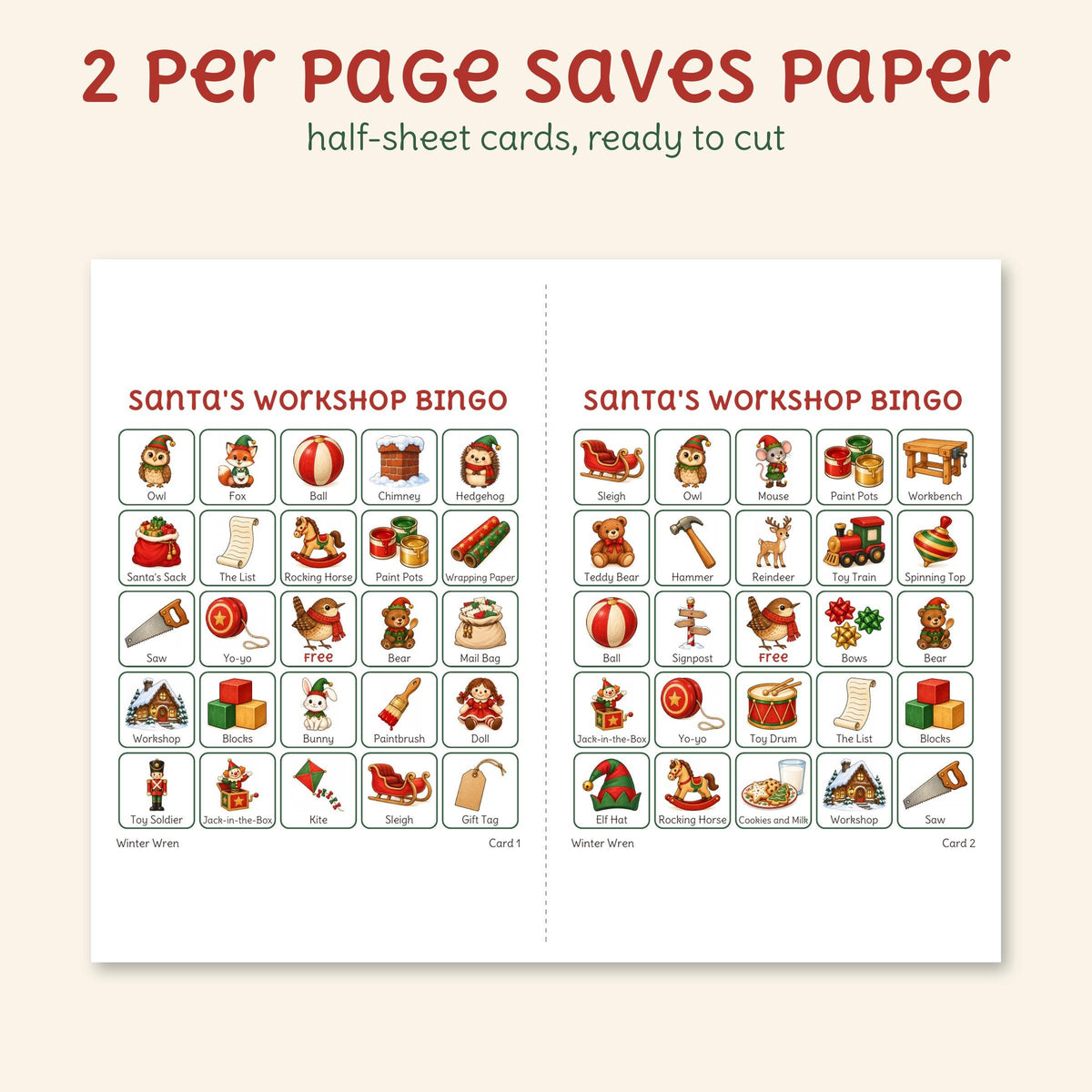 The two-per-page file: two half-sheet bingo cards on one landscape page, with a cut line.