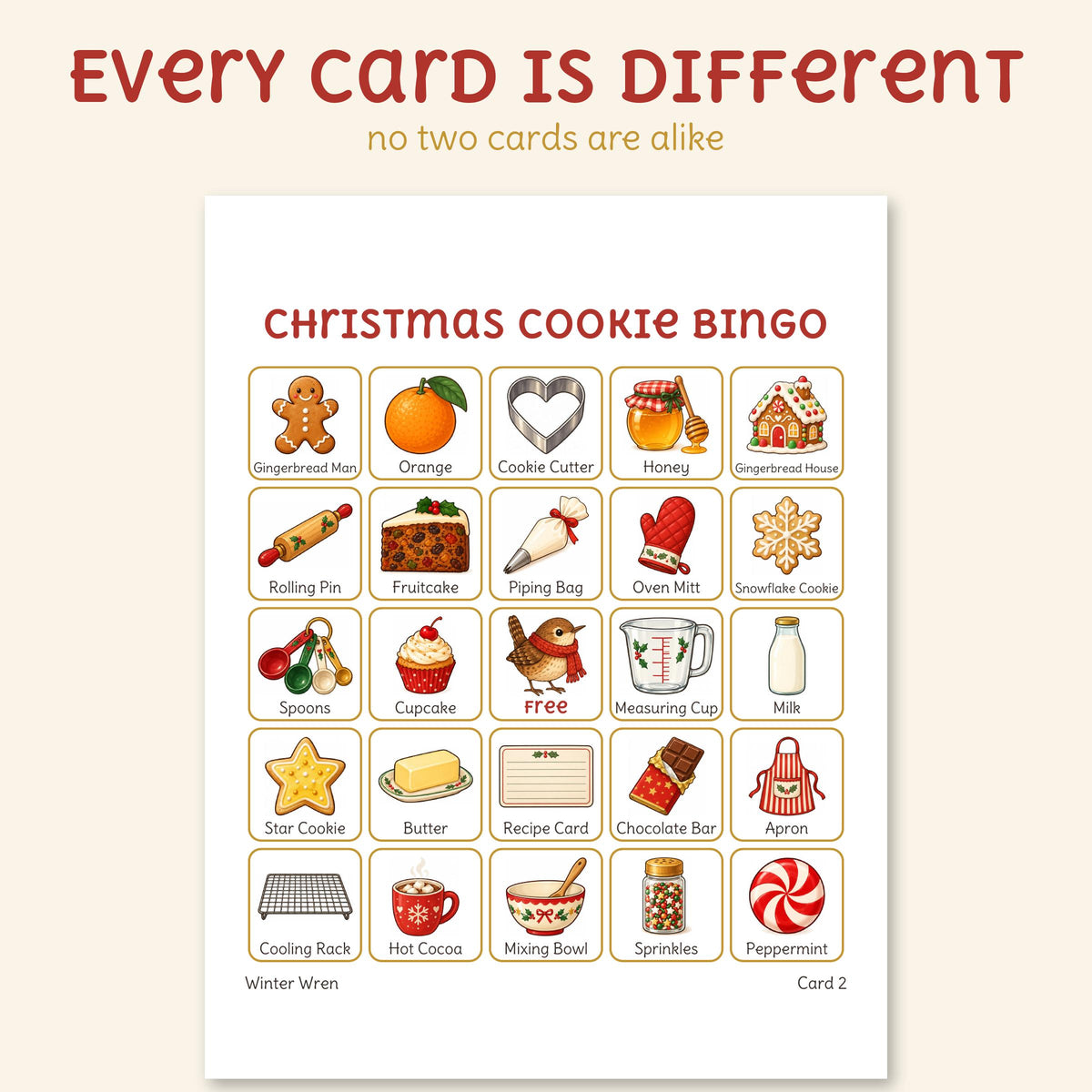 An actual Christmas Cookie bingo card from the PDF: a 5 by 5 grid of named cookies, treats and baking things with a free square in the middle.