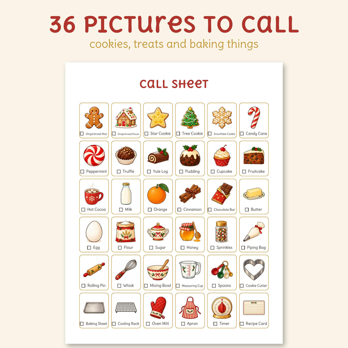 The call sheet with all 36 pictures, cookies, treats and baking things, each with its name and a box to check off.