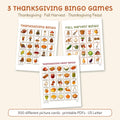 3 printable picture bingo games by Winter Wren, one card from each: Thanksgiving Bingo, Fall Harvest Bingo, Thanksgiving Feast Bingo. Digital download; nothing is shipped.