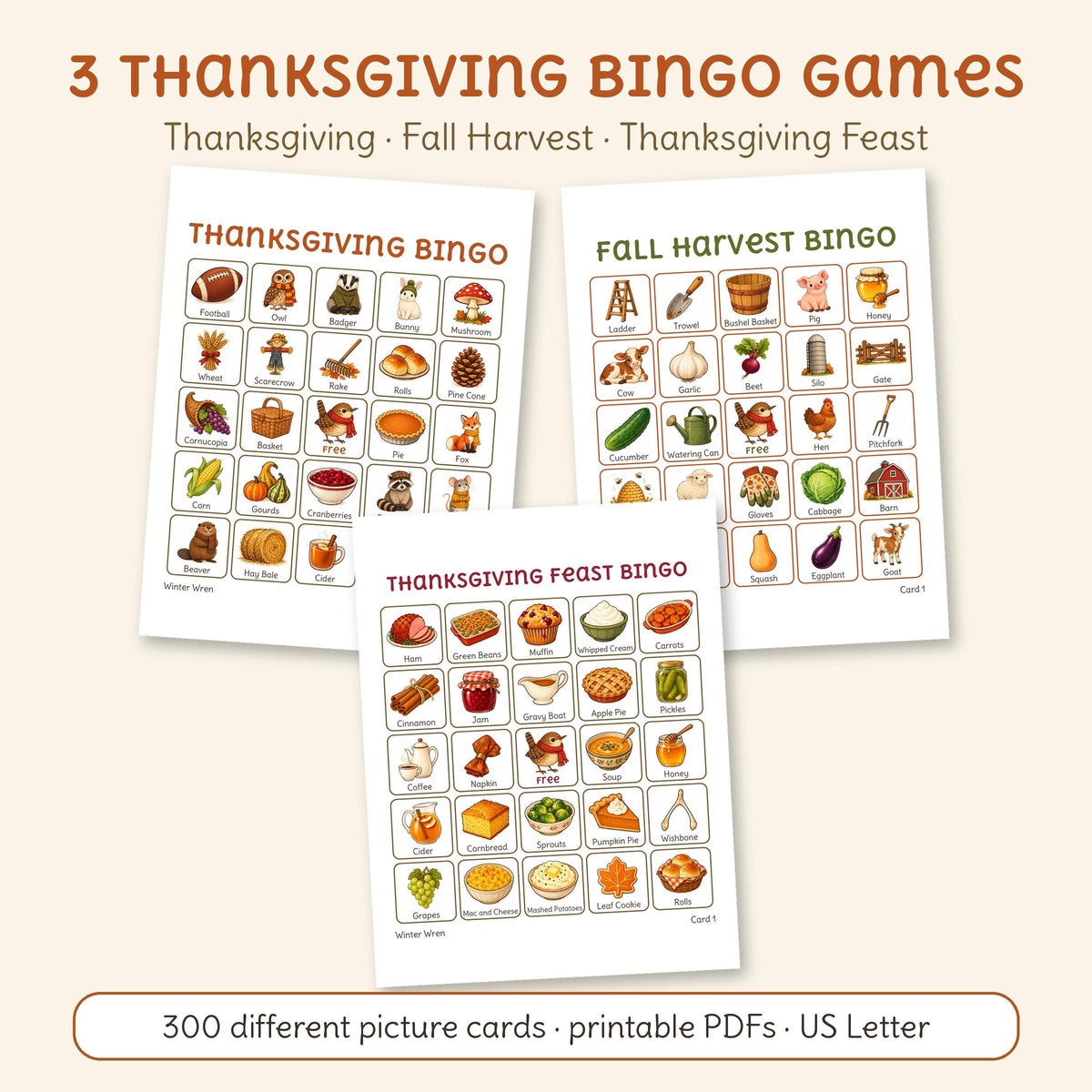 3 printable picture bingo games by Winter Wren, one card from each: Thanksgiving Bingo, Fall Harvest Bingo, Thanksgiving Feast Bingo. Digital download; nothing is shipped.