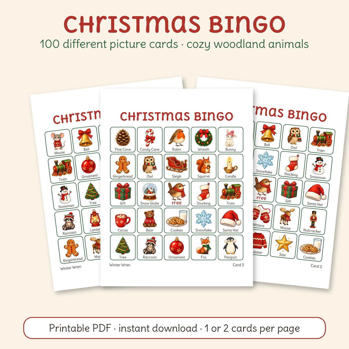 Christmas Bingo, one of the 4 games in this bundle: three of its printable cards with woodland animals and Christmas favorites.