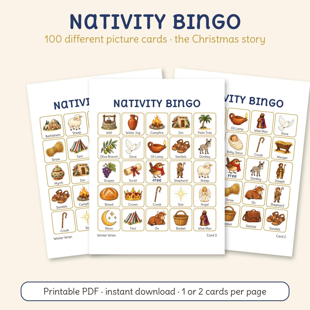 Nativity Bingo, one of the 4 games in this bundle: three of its printable cards with the people, animals and gifts of the Christmas story.