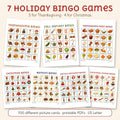 7 printable picture bingo games by Winter Wren, one card from each: Thanksgiving Bingo, Fall Harvest Bingo, Thanksgiving Feast Bingo, Christmas Bingo, Nativity Bingo, Santa's Workshop Bingo, Christmas Cookie Bingo. Digital download; nothing is shipped.