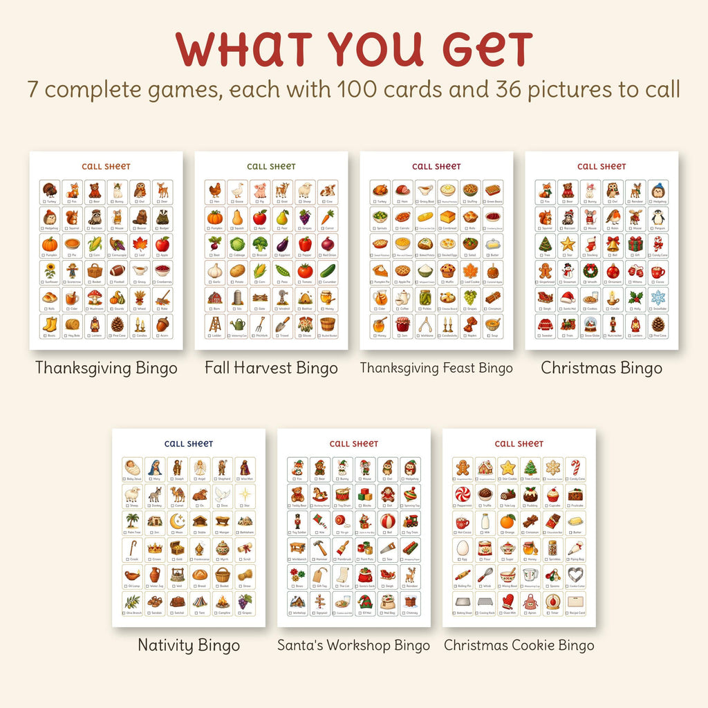 The call sheets of all 7 games, each with 36 named pictures: Thanksgiving Bingo, Fall Harvest Bingo, Thanksgiving Feast Bingo, Christmas Bingo, Nativity Bingo, Santa's Workshop Bingo, Christmas Cookie Bingo.