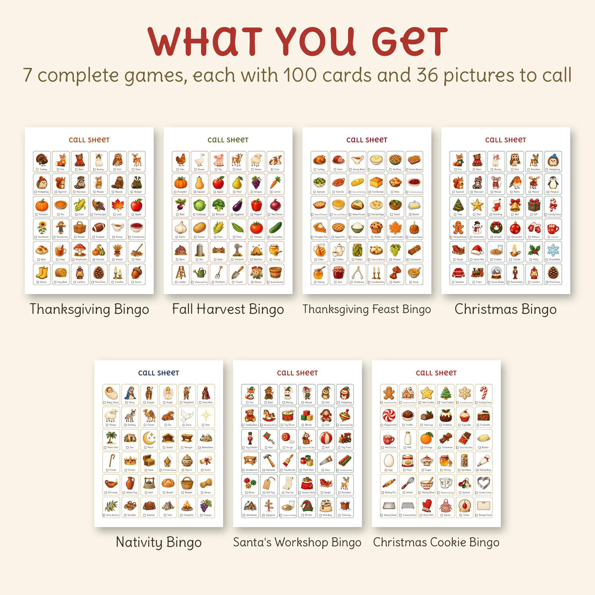 The call sheets of all 7 games, each with 36 named pictures: Thanksgiving Bingo, Fall Harvest Bingo, Thanksgiving Feast Bingo, Christmas Bingo, Nativity Bingo, Santa's Workshop Bingo, Christmas Cookie Bingo.