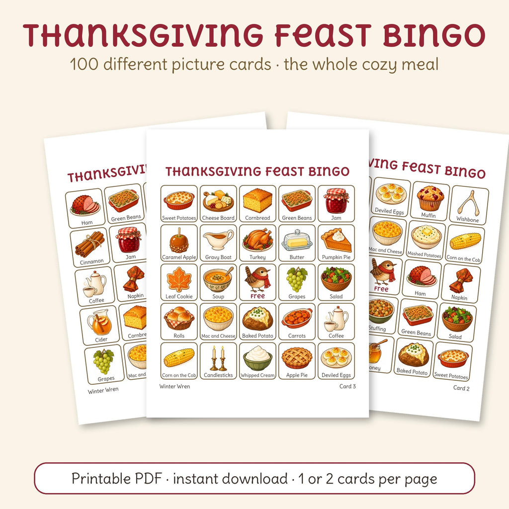 Thanksgiving Feast Bingo, one of the 7 games in this bundle: three of its printable cards with the whole Thanksgiving meal.