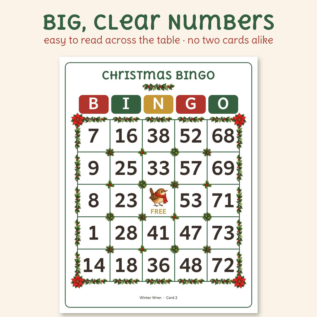 An actual large print Christmas bingo card: B-I-N-G-O with big, bold numbers, holly and poinsettia on the grid and a wren on the free square.
