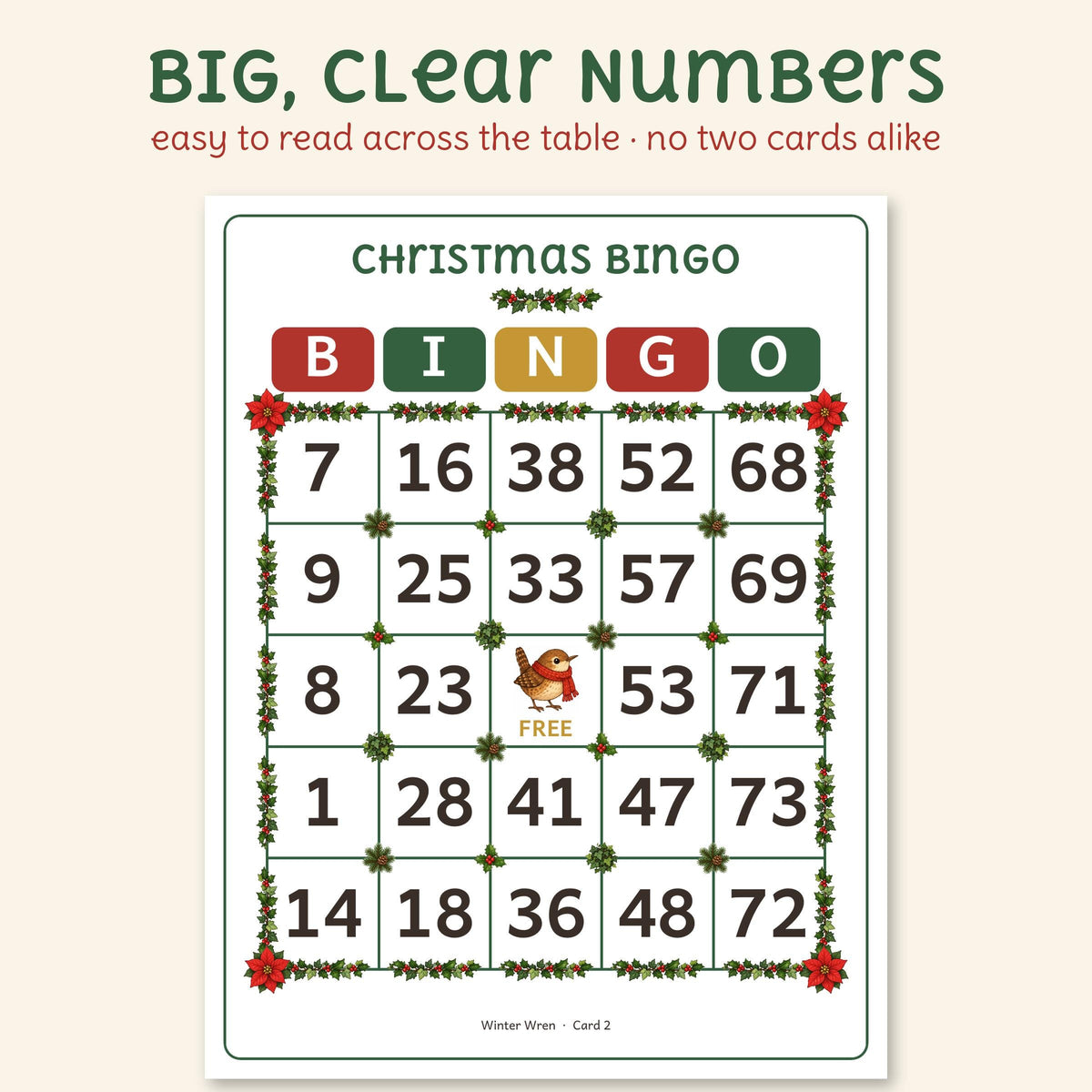 An actual large print Christmas bingo card: B-I-N-G-O with big, bold numbers, holly and poinsettia on the grid and a wren on the free square.