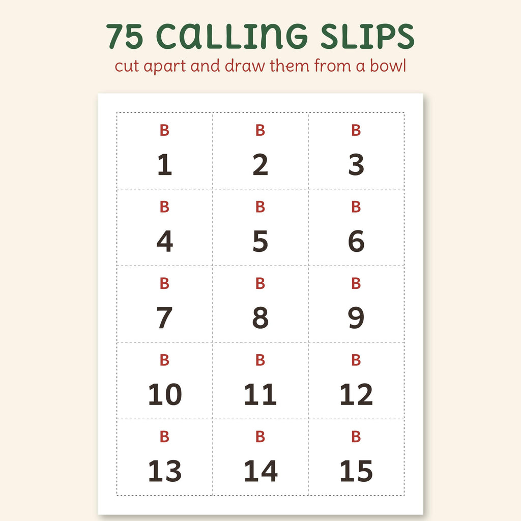 A page of calling slips, B 1 to B 15, with cut lines.
