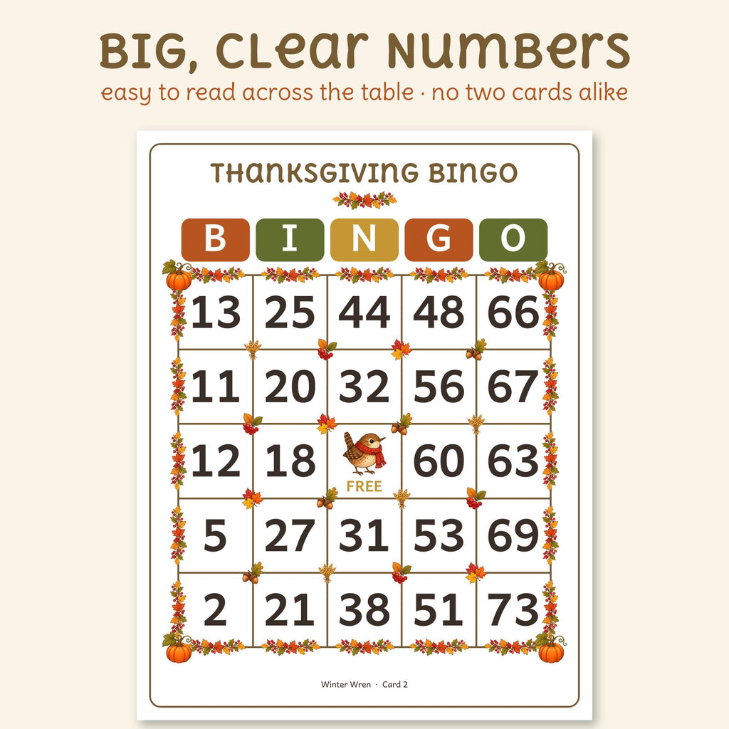 An actual large print Thanksgiving bingo card: B-I-N-G-O with big, bold numbers, leaves and pumpkins on the grid and a wren on the free square.