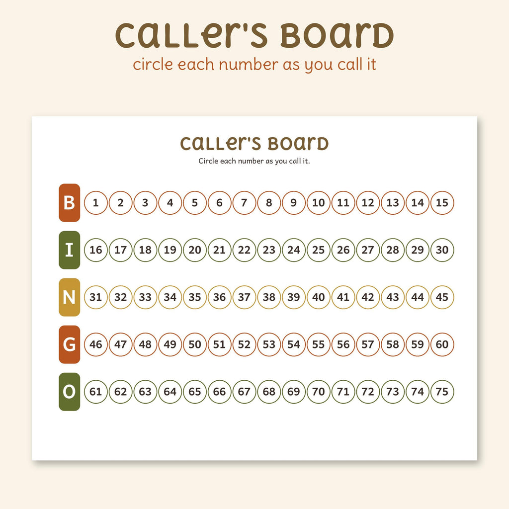 The caller's board: numbers 1 to 75 in five B-I-N-G-O rows, to circle as each is called.