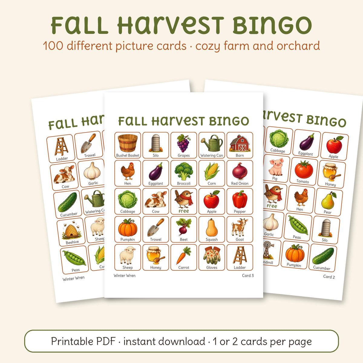 Three printable Fall Harvest bingo cards with cozy farm animals, orchard fruit and garden vegetables, by Winter Wren. Digital download; nothing is shipped.