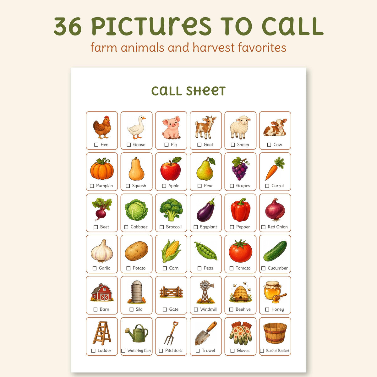 The call sheet with all 36 pictures, farm animals and harvest favorites, each with its name and a box to check off.